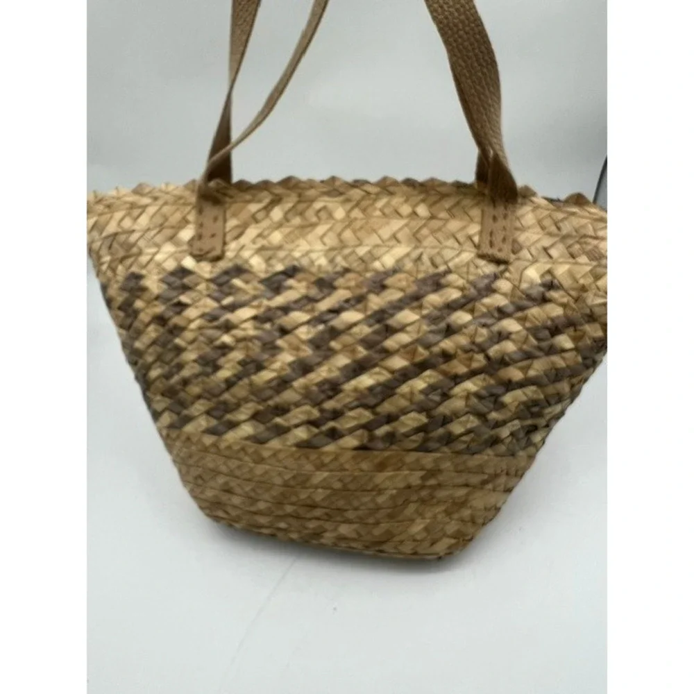 Unbranded Woven Straw Tote Bag Womens Medium Brown Beige Good Boho Chevron Zip